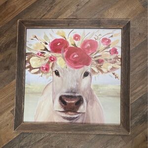 Floral Cow Wall Art with Wooden Frame